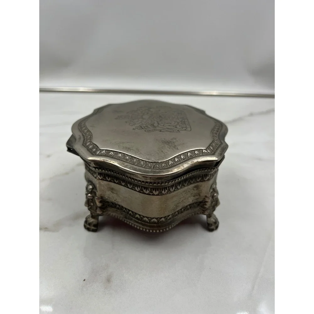 Vintage British Royal Coat of Arms Silver Footed Jewelry Box Red Velvet Lining